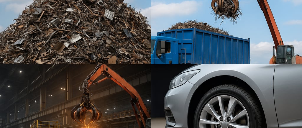 A composite image showing scrap metal collection, transport, recycling, and end-use in manufacturing