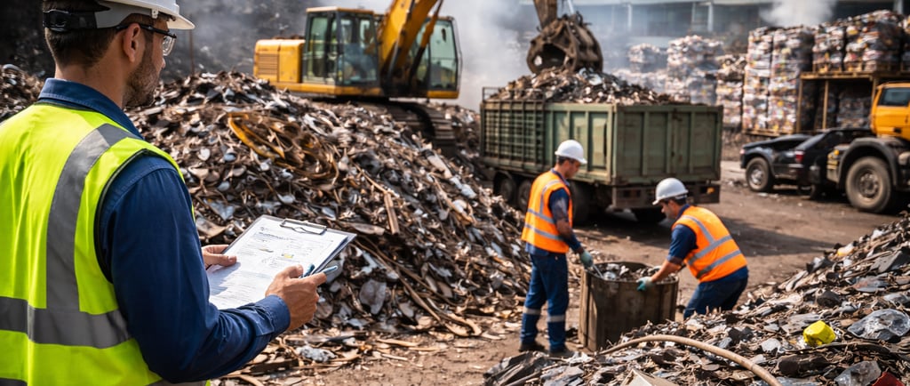 HSE inspector checking compliance paperwork at a scrap yard with PPE workers, an excavator loading