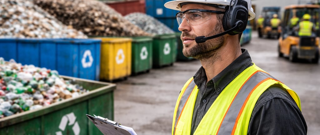 Recycling yard worker in PPE receiving a voice-assisted safety prompt near sorted material bins