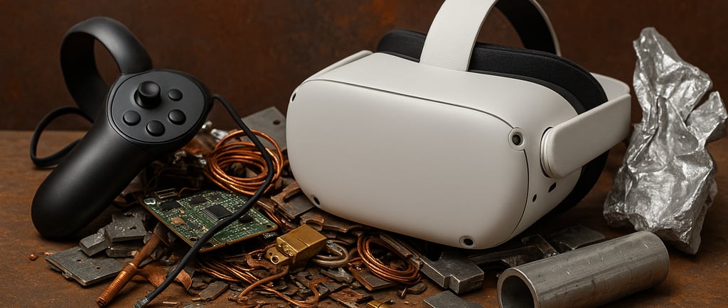 Discarded VR headset and controller amid copper wires and scrap metal on a rusted surface.