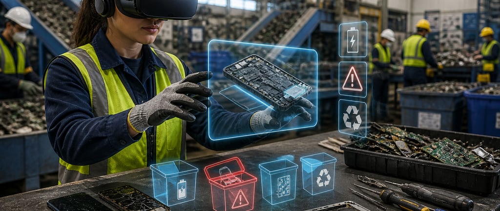 Worker using VR headset for e-waste safety training beside electronics disassembly bench.