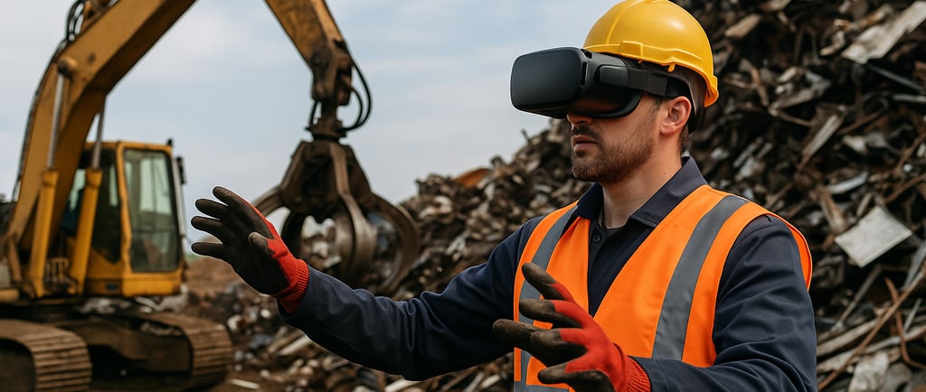 Worker in scrapyard wearing VR headset and safety gear, with scrap metal piles and excavator in back