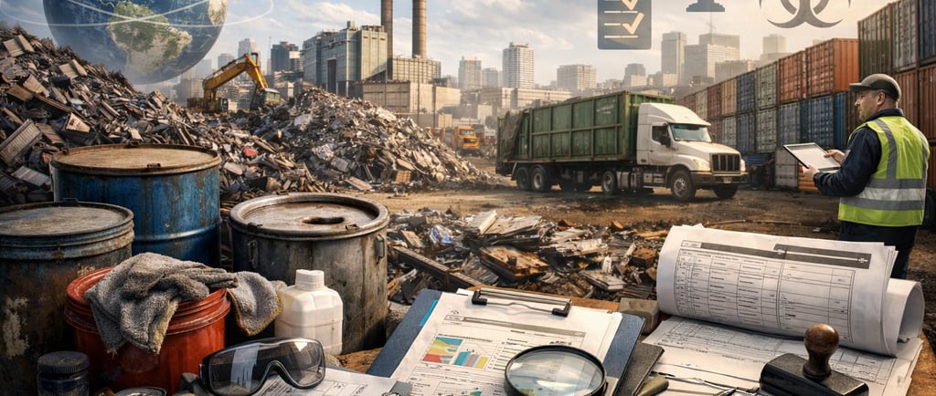 scrap yard inspection scene with hazardous waste drums, PPE, compliance paperwork, trucks