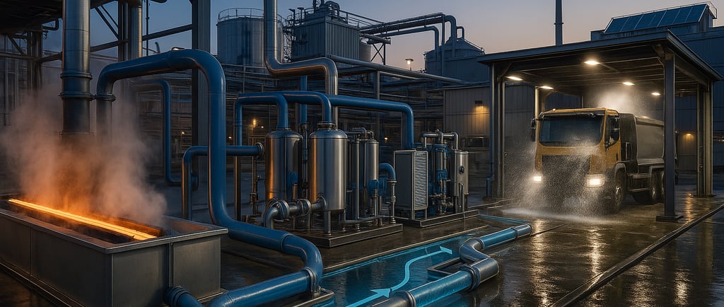 Industrial water recycling loop with quench and wash areas.