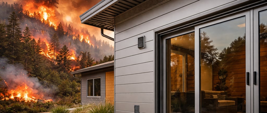 Fire-resistant metal-clad home with ember-safe vents near a wildfire.