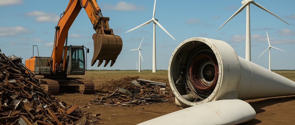 Wind turbine decommissioning site with scrap metal, an excavator, and dismantled turbine parts.
