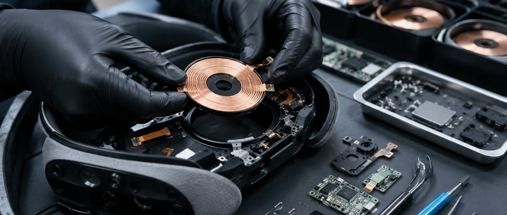 A technician wearing black gloves carefully removes a copper wireless charging coil
