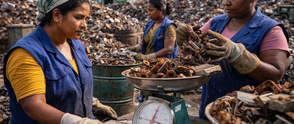 Three women sort and weigh scrap metal at a busy recycling yard, showing women-led cooperative work