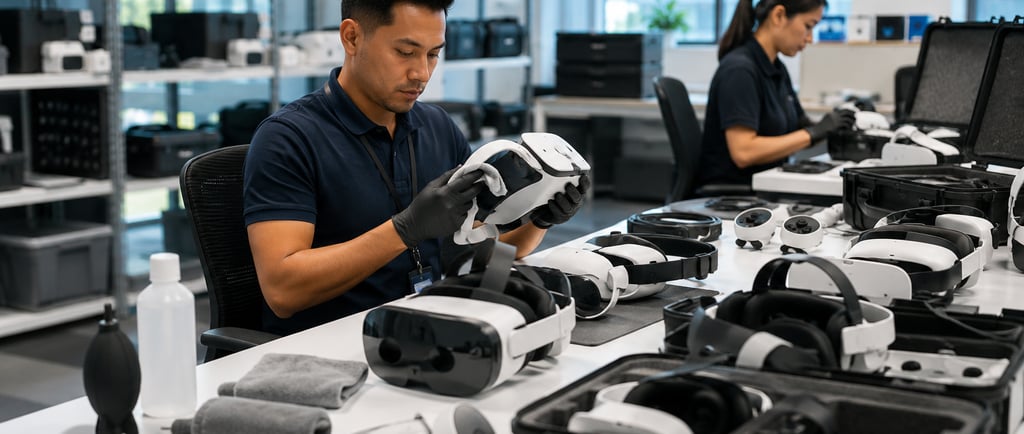 Technicians inspect and prepare returned XR headsets for redeployment in a corporate technology room