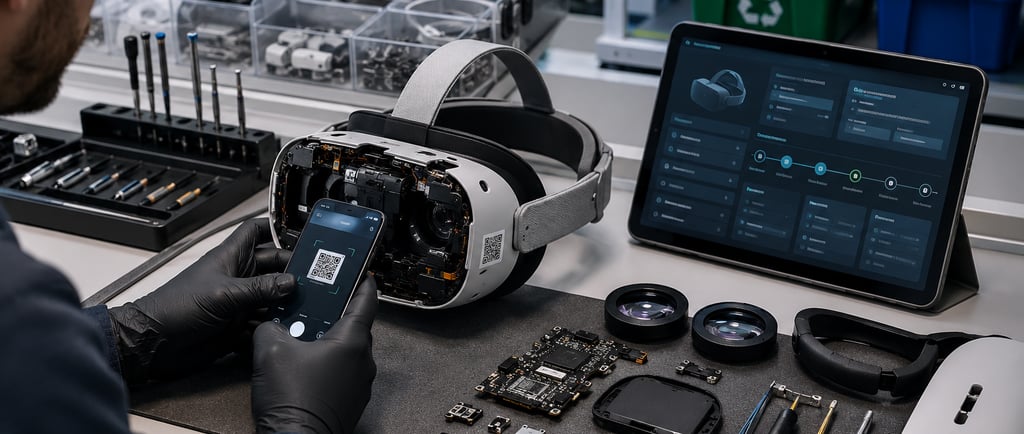 Technician scanning an XR headset on an electronics repair bench with parts, and tools.