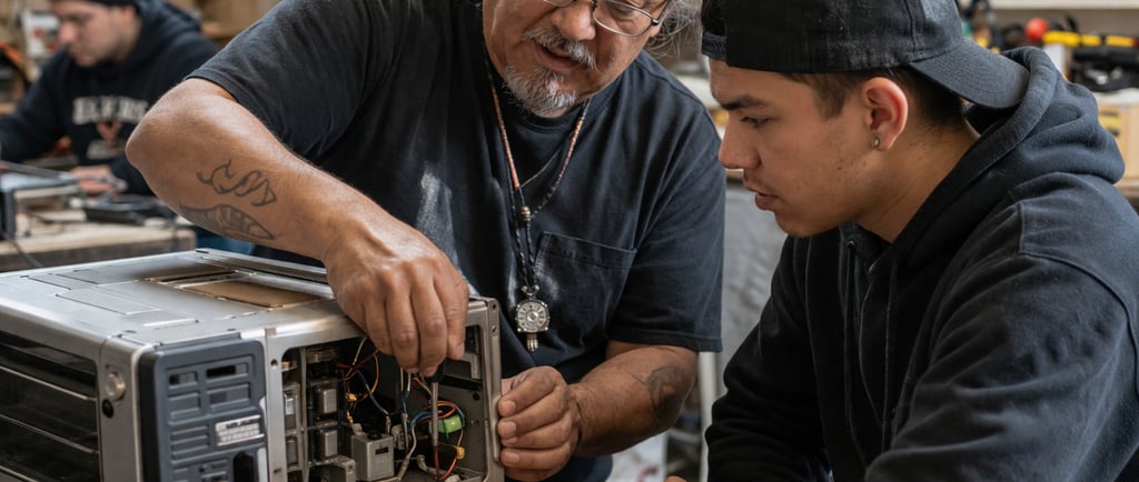 Older mentor guiding a young apprentice through appliance repair in a busy community workshop
