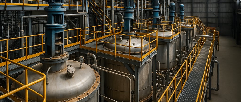 Zinc recycling plant with large steel tanks, pipes, and yellow railings.