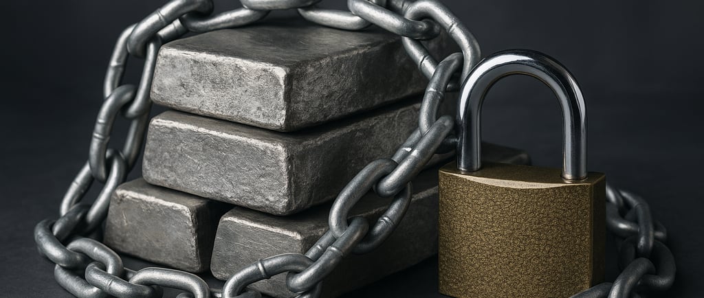 Locked metal ingots wrapped in a heavy chain, symbolizing confidential traceability.