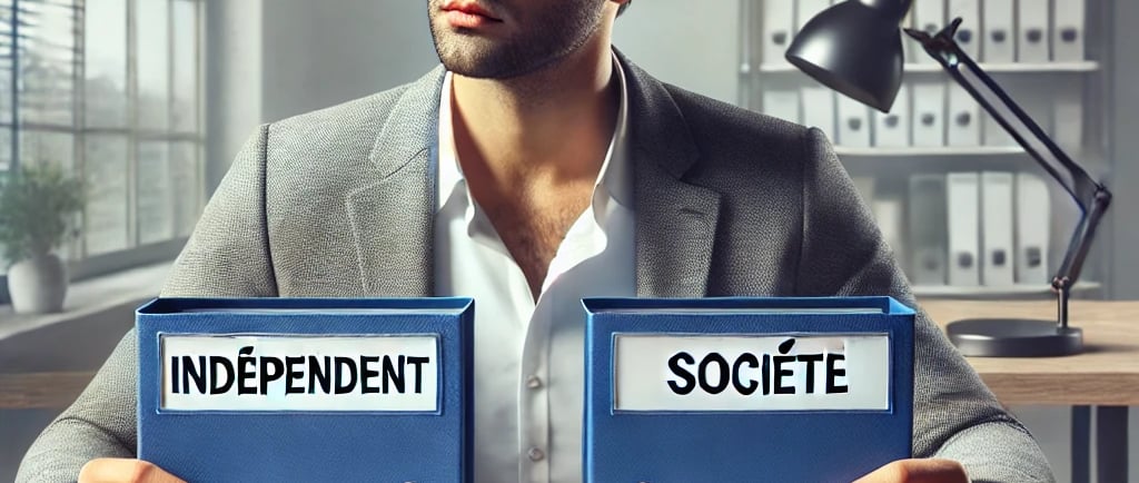 Un entrepreneur assis avec deux dossiers devant lui : indépendant ou société