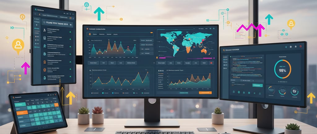 Sophisticated digital marketing workspace with multiple screens showing analytics dashboards, search