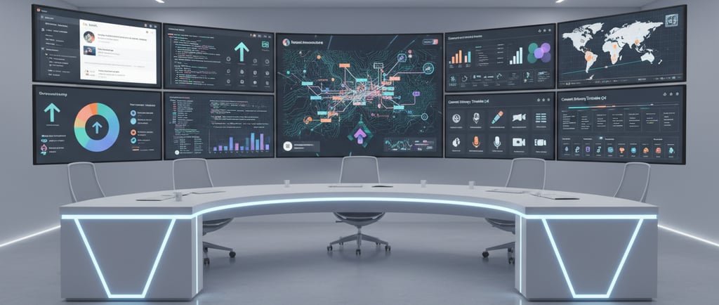 Advanced digital marketing command center with multiple large screens displaying analytics dashboard