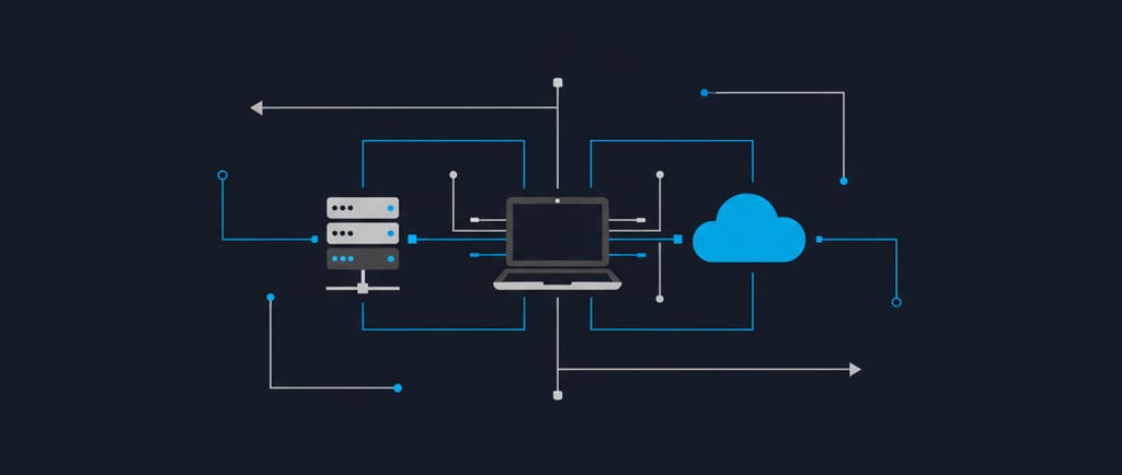Minimal geometric illustration of interconnected devices in navy, charcoal, silver, and blue, repres