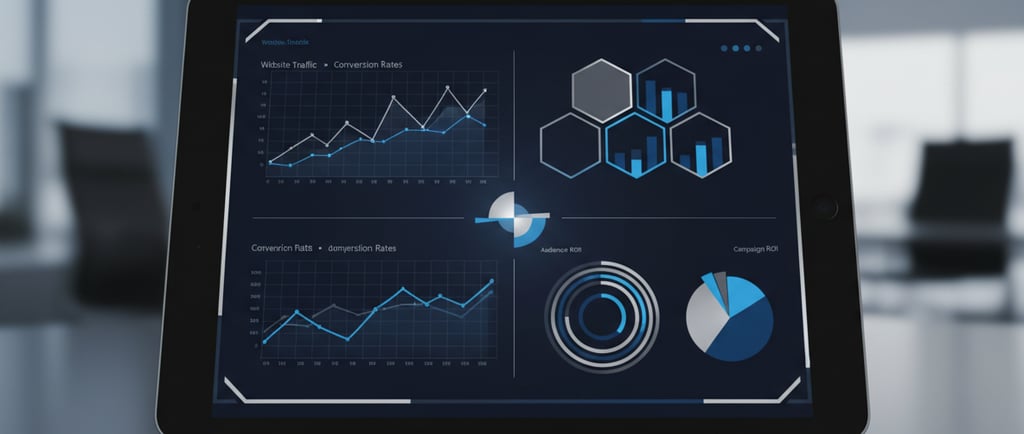 Minimal digital marketing dashboard with advanced analytics charts and graphs in navy, charcoal, sil
