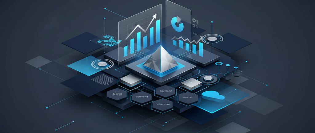 Minimal marketing concept image with clean charts, graphs, and digital strategy elements in navy, ch