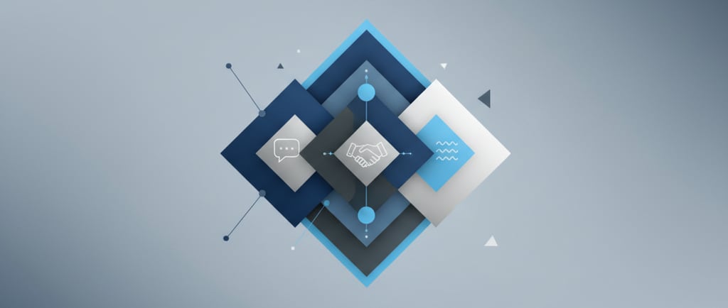 Minimal geometric image in navy, charcoal, silver, and blue with icons for communication, trust, and