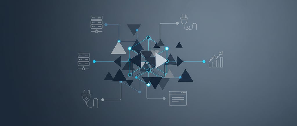 Minimal geometric image in navy, charcoal, silver, and blue showing interconnected lines and shapes