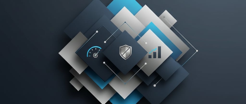 Minimal geometric image in navy, charcoal, silver, and blue with icons for site speed, security, and