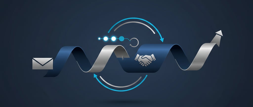 Minimal geometric image in navy, charcoal, silver, and blue with icons for email, automation, relati