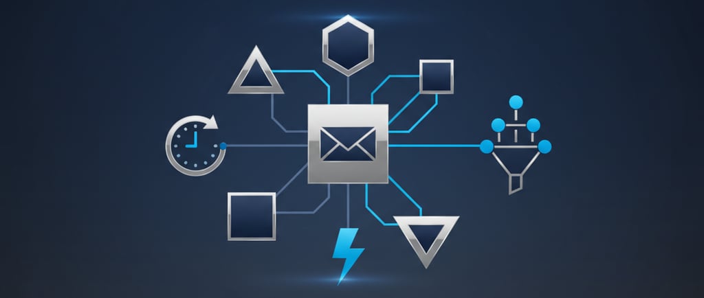 Minimal geometric image in navy, charcoal, silver, and blue with icons for email, segmentation, trig