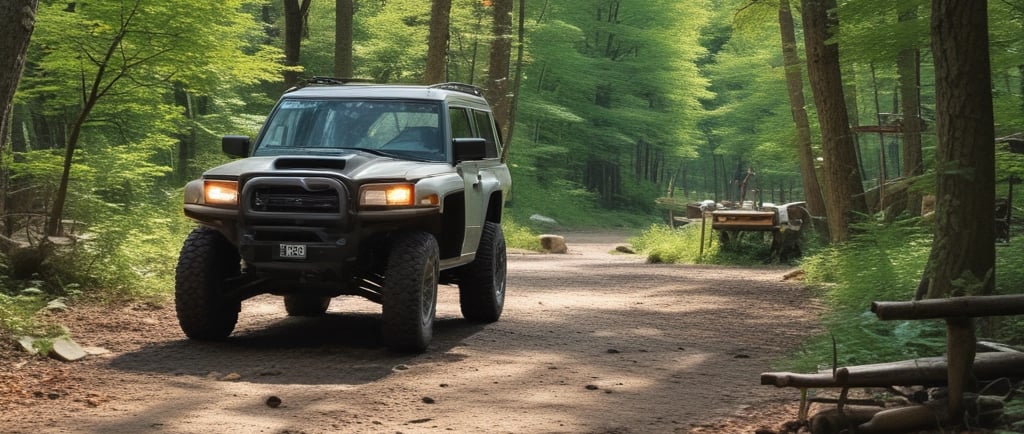 Off-road SUV driving on a dirt trail through a lush green forest with sunlight filtering through trees.