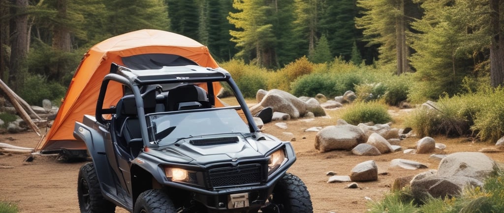 Off-road UTV side-by-side parked next to an orange camping tent in a dense evergreen forest.