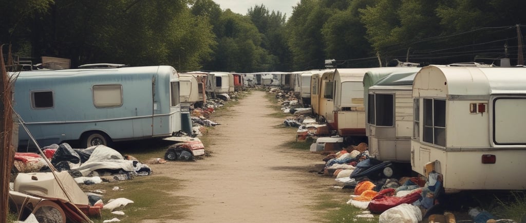 Abandoned vintage campers and travel trailers lined up along a dirt path with scattered trash.