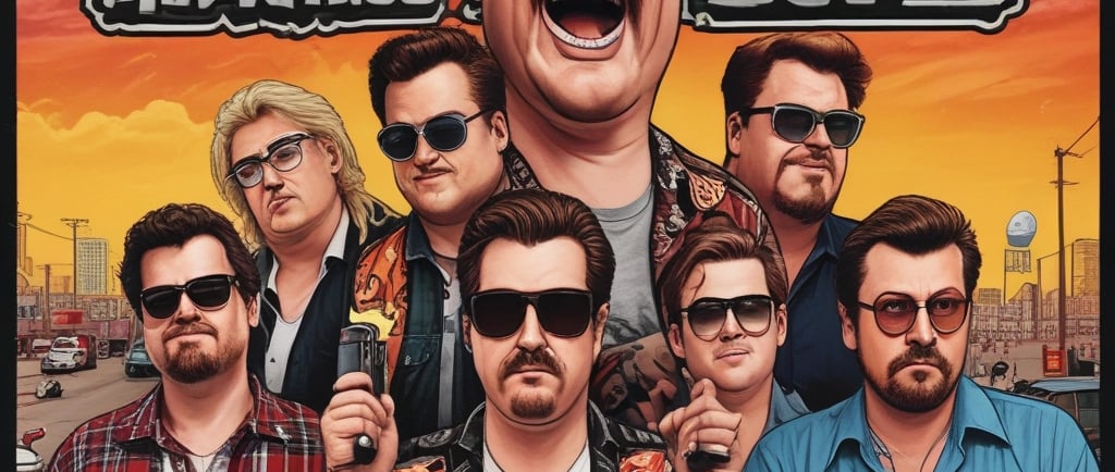 Illustrated poster of a group of men with sunglasses and mustaches in a retro 1980s style art piece.