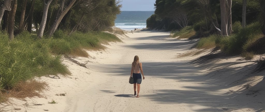 A woman walks along a sandy path lined with pine trees leading toward a sunny beach and ocean.
