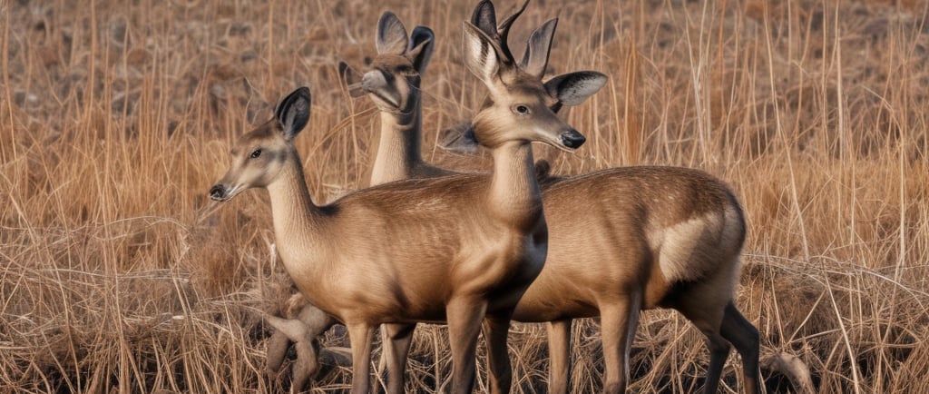 Three deer standing in a calm river with dry autumn grass and a forest in the background.