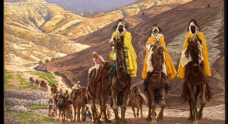 art showing 3 wise men journeying to Bethlehem