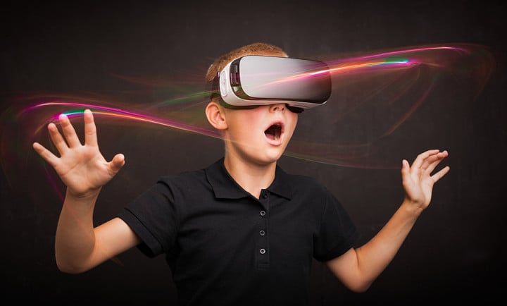 Child wearing vitual reality headset
