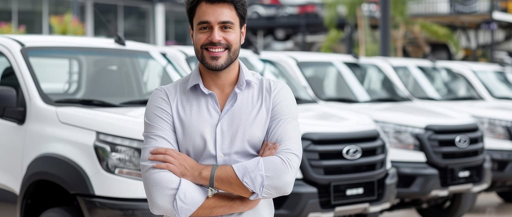 hombre vendiendo vehículos en concesionario