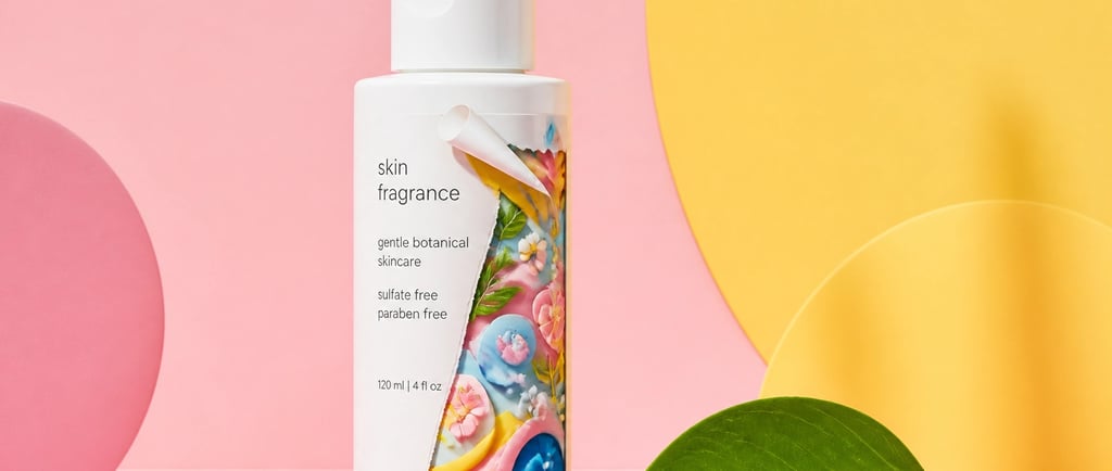 White bottle of botanical skin fragrance skincare on a pink and yellow background with a green leaf.