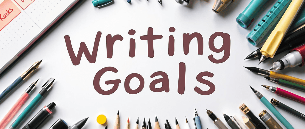a bunch of pens and pens on a white paper surrounding the words Writing Goals