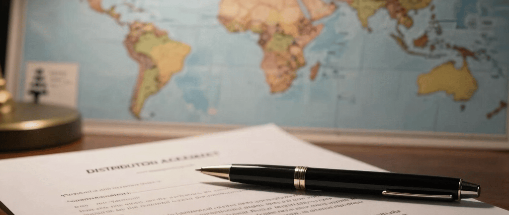Distribution agreement on a table with a pen, world map in the background.