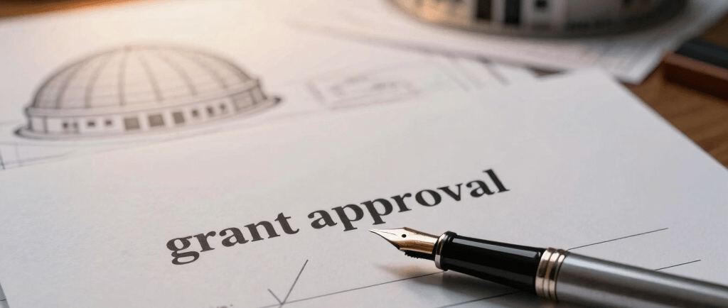 Approved grant application letter with a pen on top, dome blueprint blurred behind.