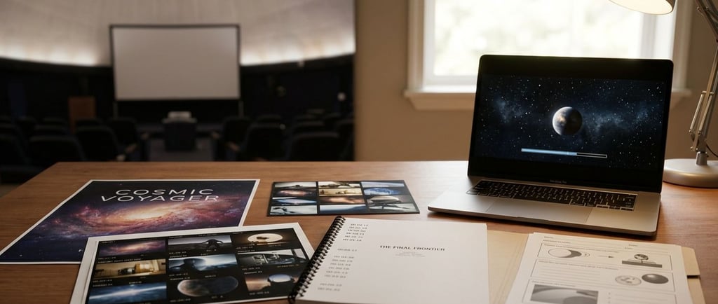Marketing materials for a fulldome show: poster, stills, script, laptop, dome behind.