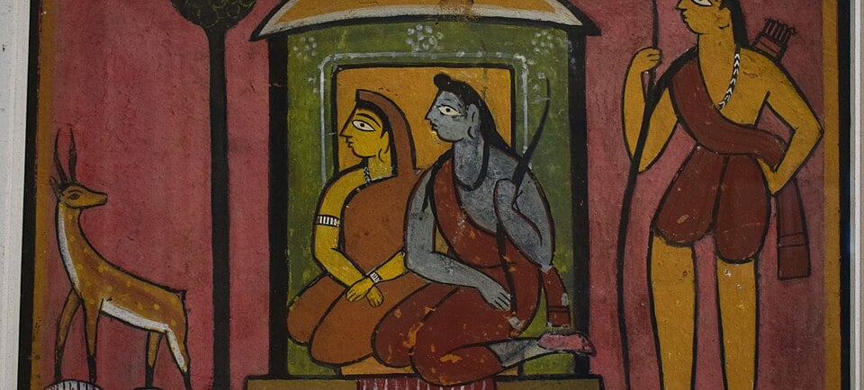 Ram, Sita, Lakshmana and golden deer by artist- Jamini Roy