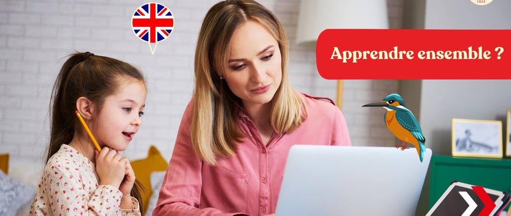 a woman and child learning English. Une femme et une enfant qui apprennent l'anglais