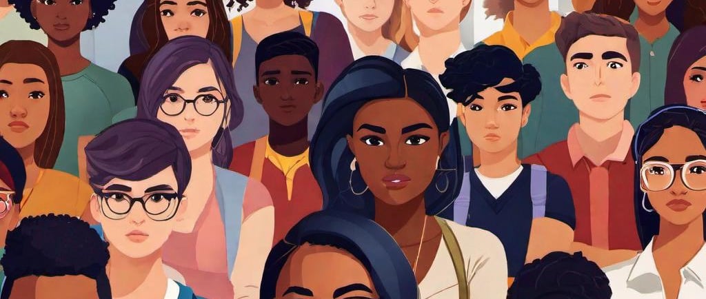 AI generated illustration of a group of high school students if various ages, races, and genders.