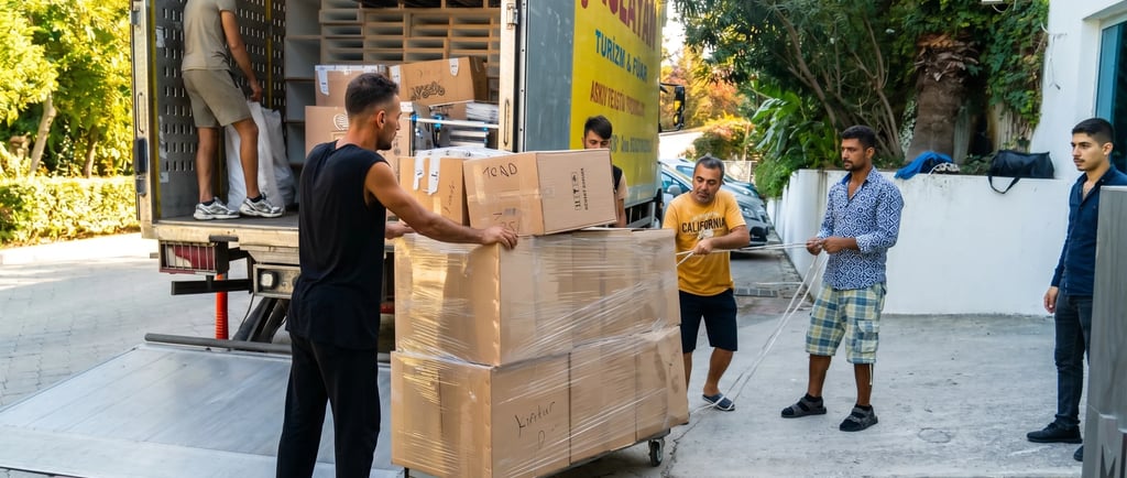 Antalya koli ve parça eşya nakliyesi için taşıma arabasıyla hızlı yükleme yapan nakliye ustası