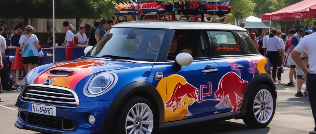 A branded Mini Cooper car with a large Red Bull can mounted on top is parked under a blue and red canopy featuring the Red Bull logo. The scene appears to be an outdoor event with several people in the background and other event setups visible.