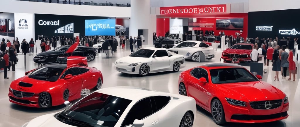 A slick, modern exhibition space featuring several high-end cars. A white sedan is prominently displayed on a circular platform, surrounded by other luxury vehicles in various colors, including a striking red car. The environment is bustling with people, likely attendees and exhibitors, moving around the cars. Large digital screens and branded banners adorn the background.