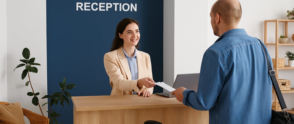 Resepsionis hotel menyambut tamu di front desk sebagai simbol pelayanan ramah OTA.