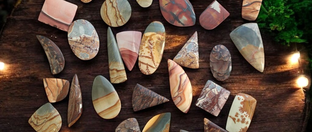 a selection of rare American scenic jasper cabochons that were hand cut by designer cabochons